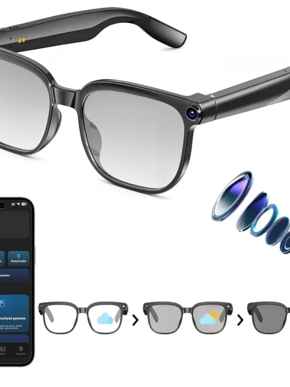 Gray Smart Camera Sunglasses with Built-In Lens and App Connectivity